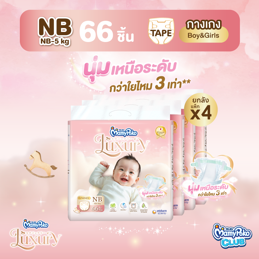 [ยกลัง] MamyPoko แบบเทป Luxury ไซส์ NB 66 ชิ้น 4 แพ็ค